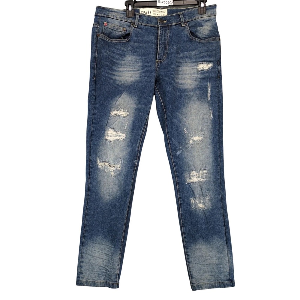 Spark Blue Distressed Tapered Jeans Mens 34x30 Streetwear Y2K Skater Grunge Punk